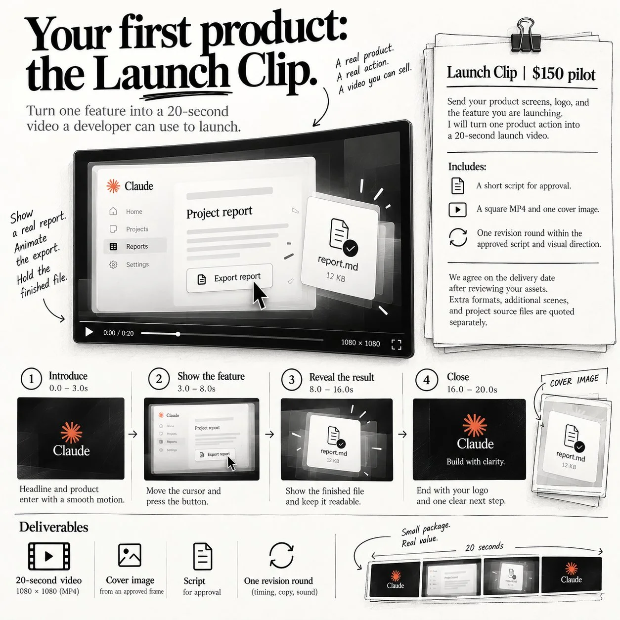 Infographic Your first product: the Launch Clip với các bước giới thiệu, thao tác, kết quả, kết thúc và sản phẩm bàn giao