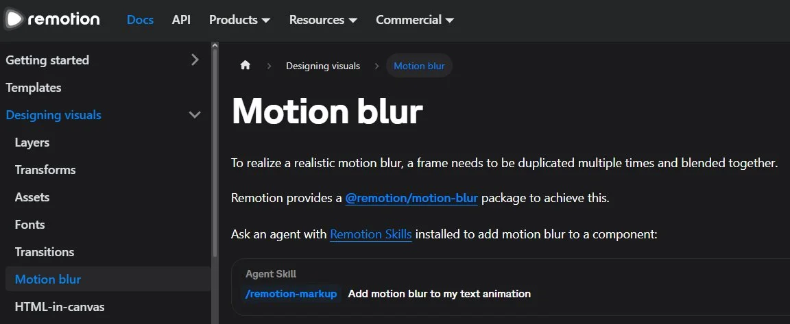 Trang Motion blur của Remotion nói về gói @remotion/motion-blur và kỹ năng remotion-markup