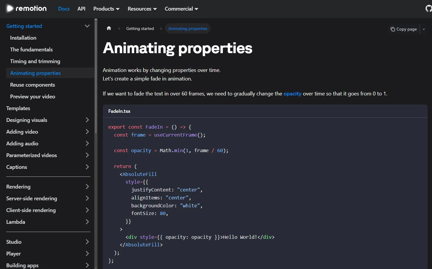 Trang Animating properties của Remotion: làm mờ dần chữ trong 60 khung bằng useCurrentFrame
