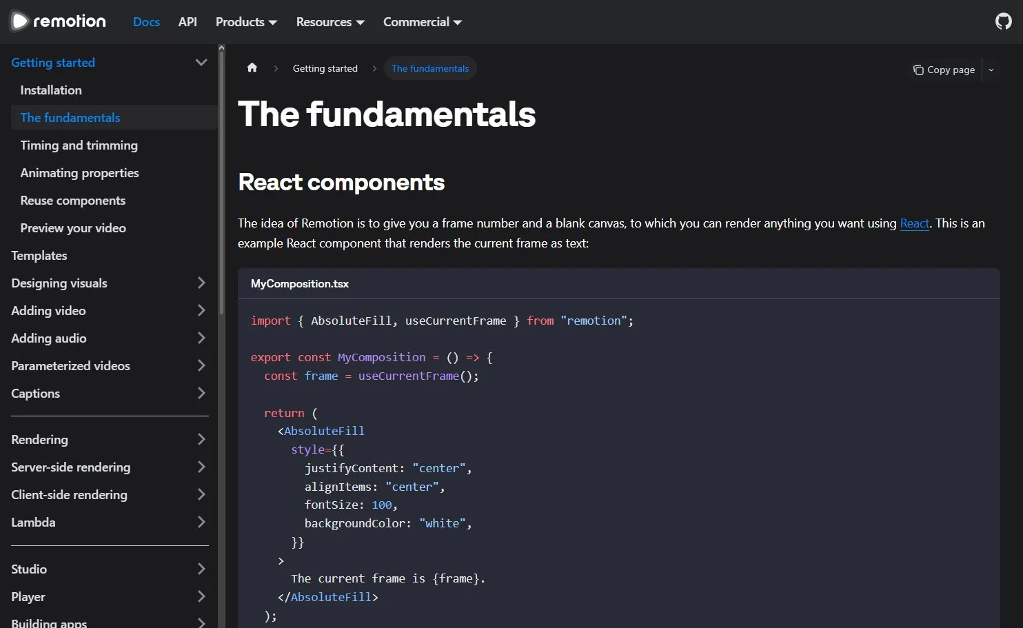 Trang The fundamentals của Remotion: ý tưởng thành phần React nhận số khung