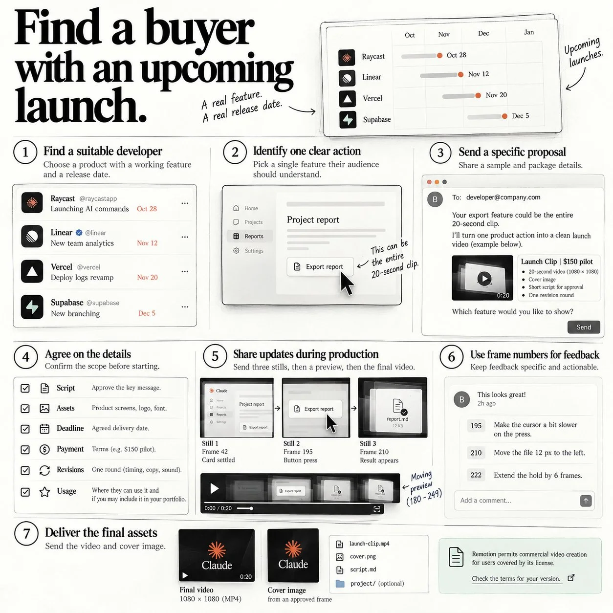 Infographic Find a buyer with an upcoming launch: chọn người bán, nêu hành động, đề xuất cụ thể, thoả thuận, cập nhật, phản hồi theo khung, bàn giao