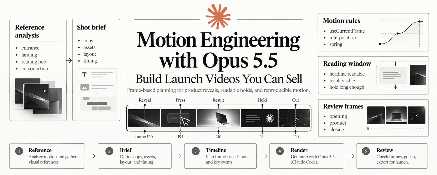 Tổng quan quy trình motion engineering với Opus 5.5: phân tích tham chiếu, bản tóm tắt, mốc thời gian, dựng, kiểm tra