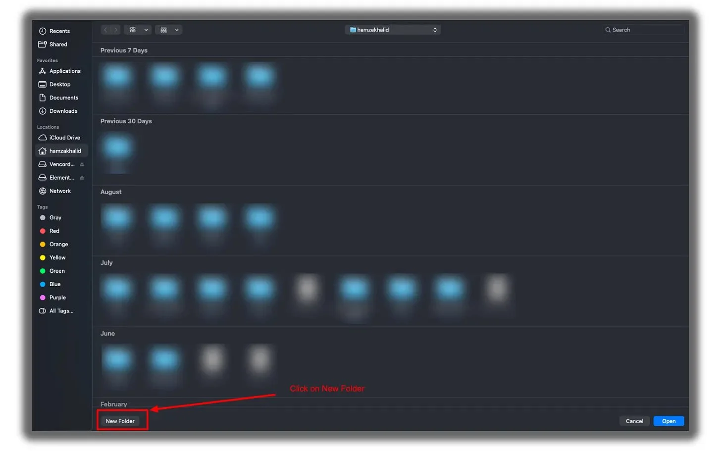 Hộp thoại chọn thư mục của macOS, khoanh đỏ nút New Folder