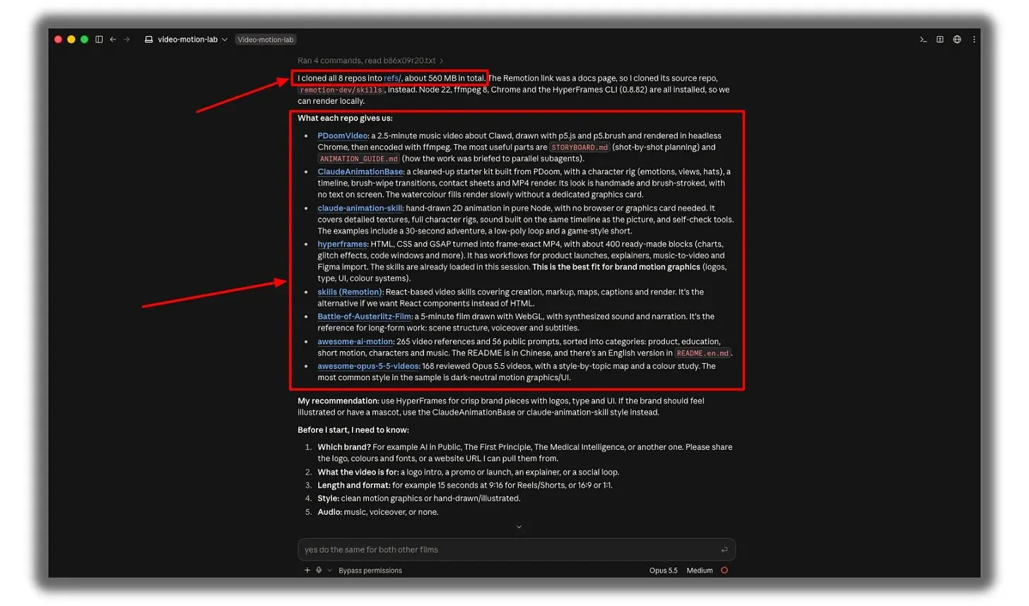Claude Code báo đã clone 8 kho, kèm tóm tắt từng kho và khuyến nghị dùng HyperFrames cho motion graphics thương hiệu