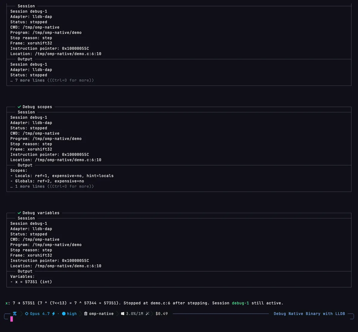Oh My Pi controlling the lldb debugger, stopping at the error line and displaying local variables