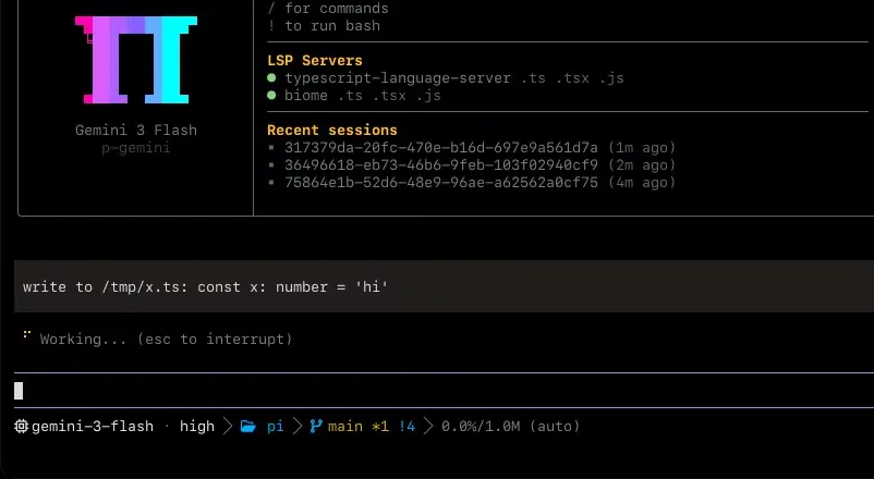 Oh My Pi interface in terminal: model in use, connected language servers, recent sessions