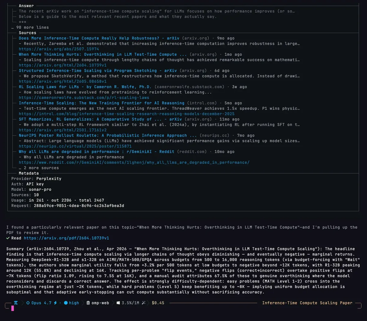 Oh My Pi searching the web, opening an arXiv paper and summarizing the results